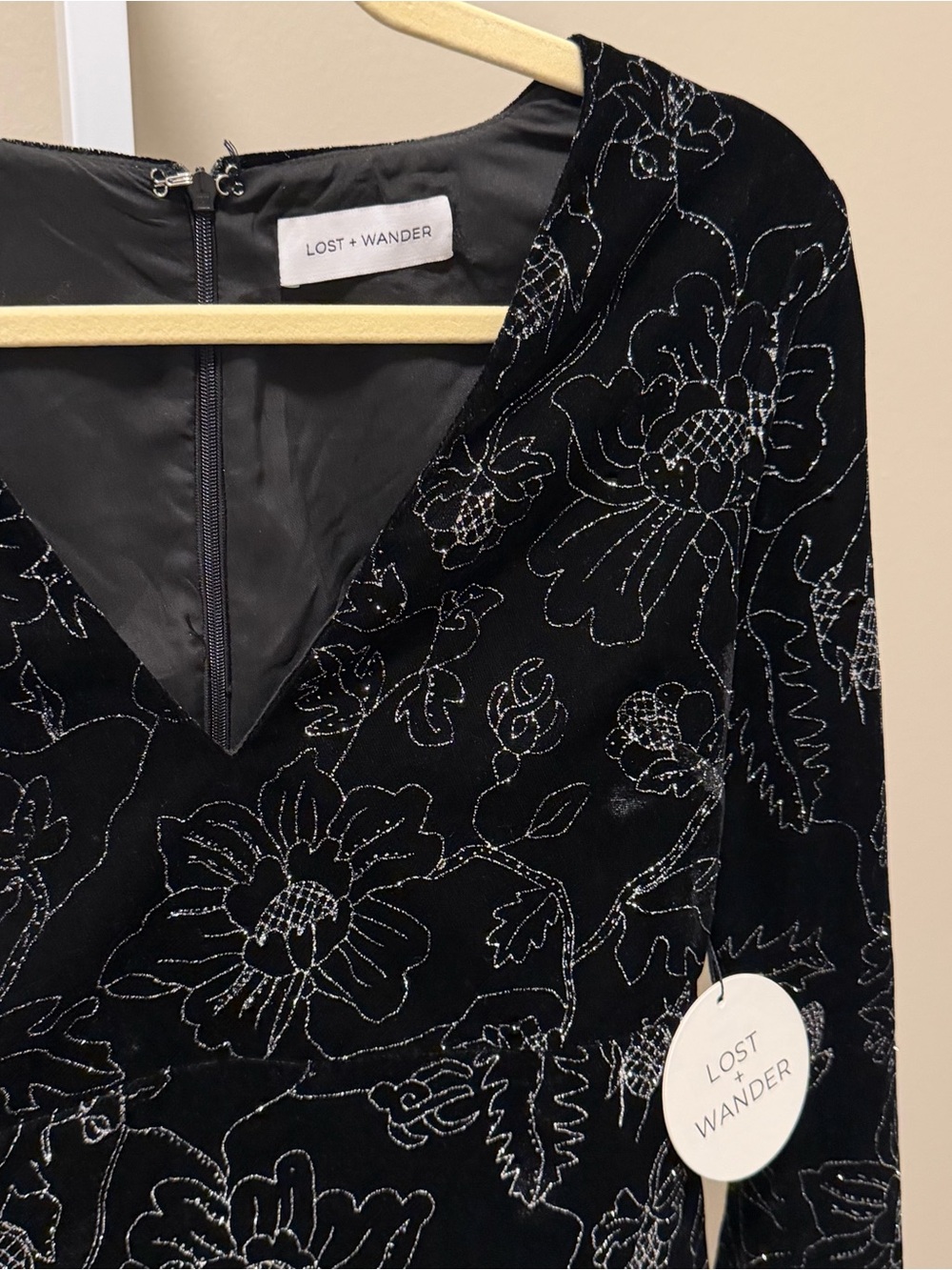 Lost + Wander Black Floral V-Neck Long Sleeve Mini Dress - Picture 3 of 6